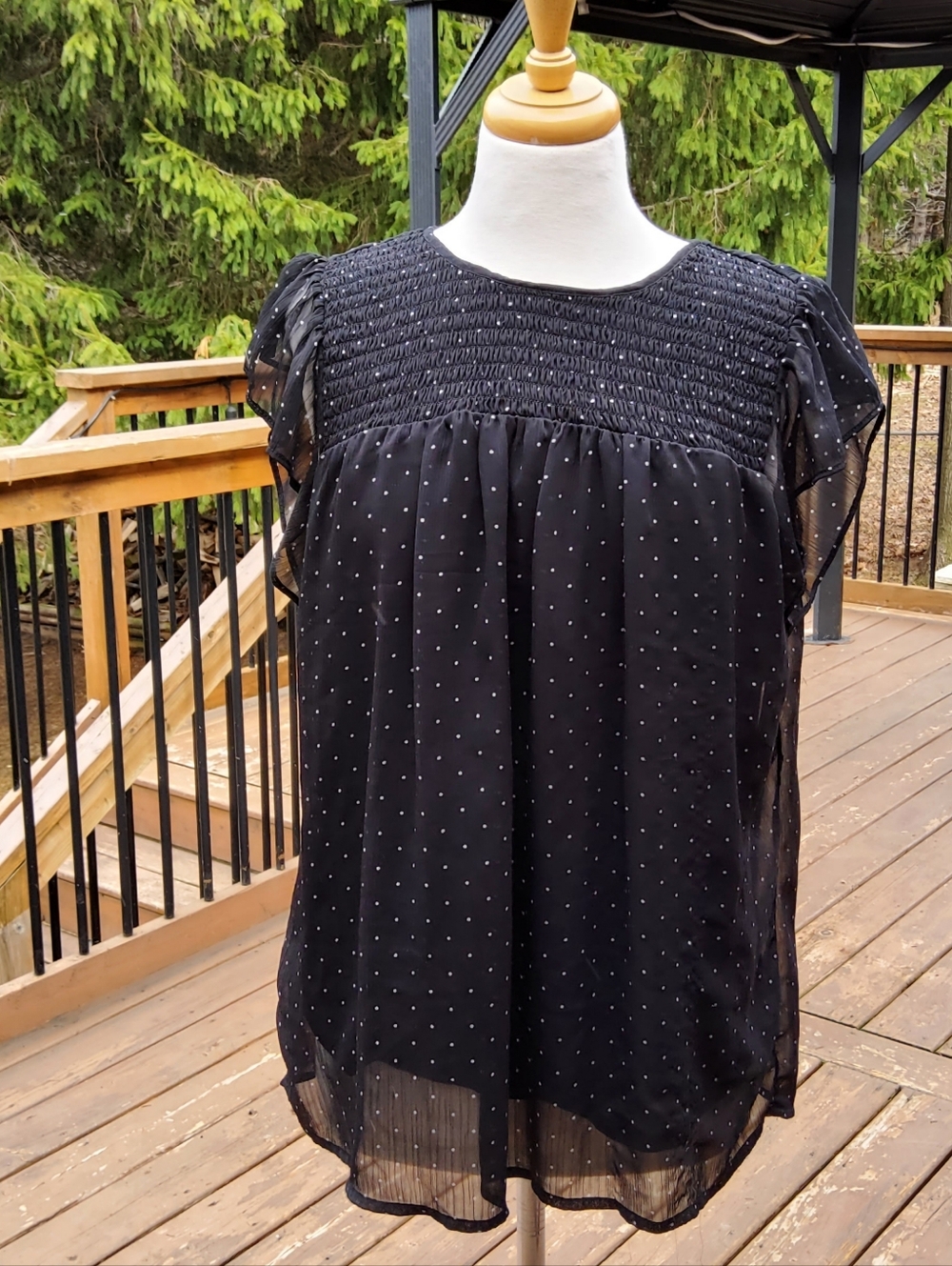 Tamara H. Black Polka Dot Smocked Chiffon Blouse with Flutter Sleeves
